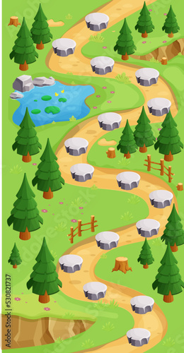 Fototapeta Naklejka Na Ścianę i Meble -  Game map forest gui background, template in cartoon style, casual isometric view. Decorated with stones, trees, pond. 