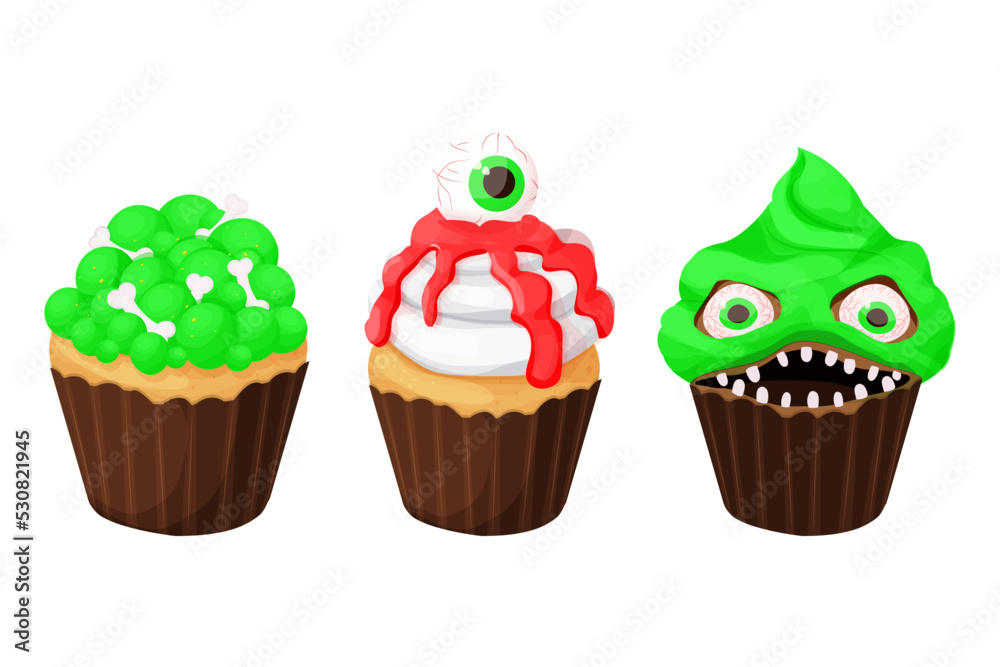 Set Cupcake Halloween monster dessert with scary face, teeth, eyes in cartoon style isolated on white background. Set Cupcake Halloween monster dessert with scary face, teeth, eyes in cartoon style isolated on white background.