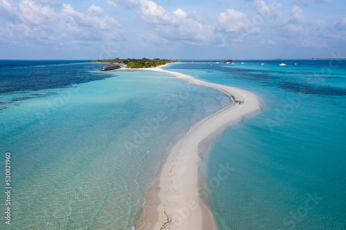 Aerial view, Asia, Indian Ocean, Maldives, Lhaviyani Atoll, Ocean with sandbar