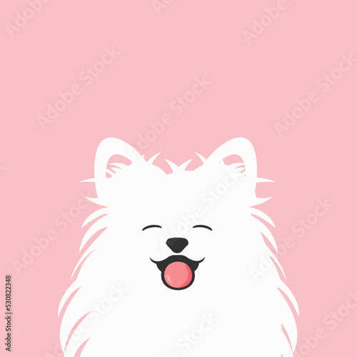 Pomeranian Spitz puppy. Smiling muzzle of a cute white fluffy puppy. Little German Spitz. Vector in cartoon style.