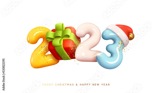 Happy New Year 2023. Number with gift box in cartoon style. Christmas decoration. Realistic 3d render color sign. Celebrate party 2023. Xmas Poster, banner, cover card, brochure, flyer, layout design