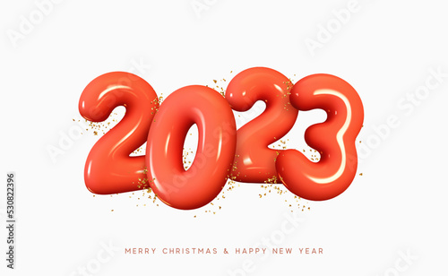 Happy New Year 2023. Number made of plastic in cartoon style. Christmas decoration. Realistic 3d render red sign. Celebrate party 2023. Xmas Poster, banner, cover card, brochure, flyer, layout design