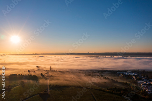Aerial view of a beautiful sunrise in autumn over the Rhine in the morning mist near Eltville/Germany