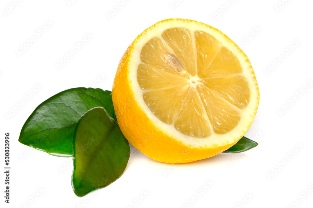 Half of fresh lemon with leaves isolated on white background
