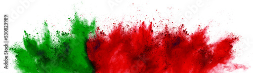 colorful portuguese flag green red color holi paint powder explosion isolated white background. portugal europe qatar celebration soccer travel tourism concept photo