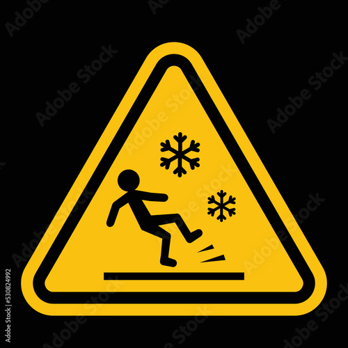 slippery ice yellow warning sign, vector illustration 