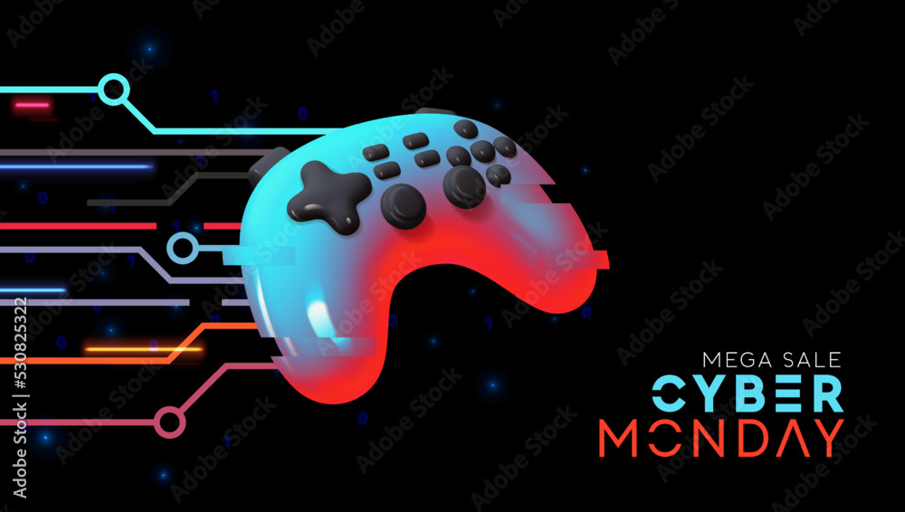 Cyber Monday Sale Concept. Hi-tech background kinetic energy glowing neon blue light effect with realistic 3d modern game controller. Web Banner, Holiday promo poster. Vector illustration