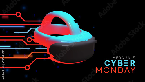 Cyber Monday Sale Concept. Hi-tech background kinetic energy glowing neon blue light effect with realistic 3d modern virtual reality goggles. Web Banner, Holiday promo poster. Vector illustration
