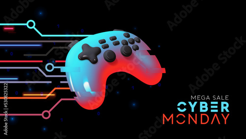 Cyber Monday Sale Concept. Hi-tech background kinetic energy glowing neon blue light effect with realistic 3d modern game controller. Web Banner, Holiday promo poster. Vector illustration