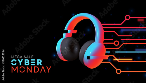 Cyber Monday Sale Concept. Hi-tech background kinetic energy glowing neon blue light effect with realistic 3d modern music headphones. Web Banner, Holiday promo poster. Vector illustration