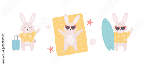 Cute white bunnies collection. Rabbit sunbathing on the beach, bunny with surfboard and travel bag. Year of the Rabbit. Summer vacation. Hand drawn vector illustration