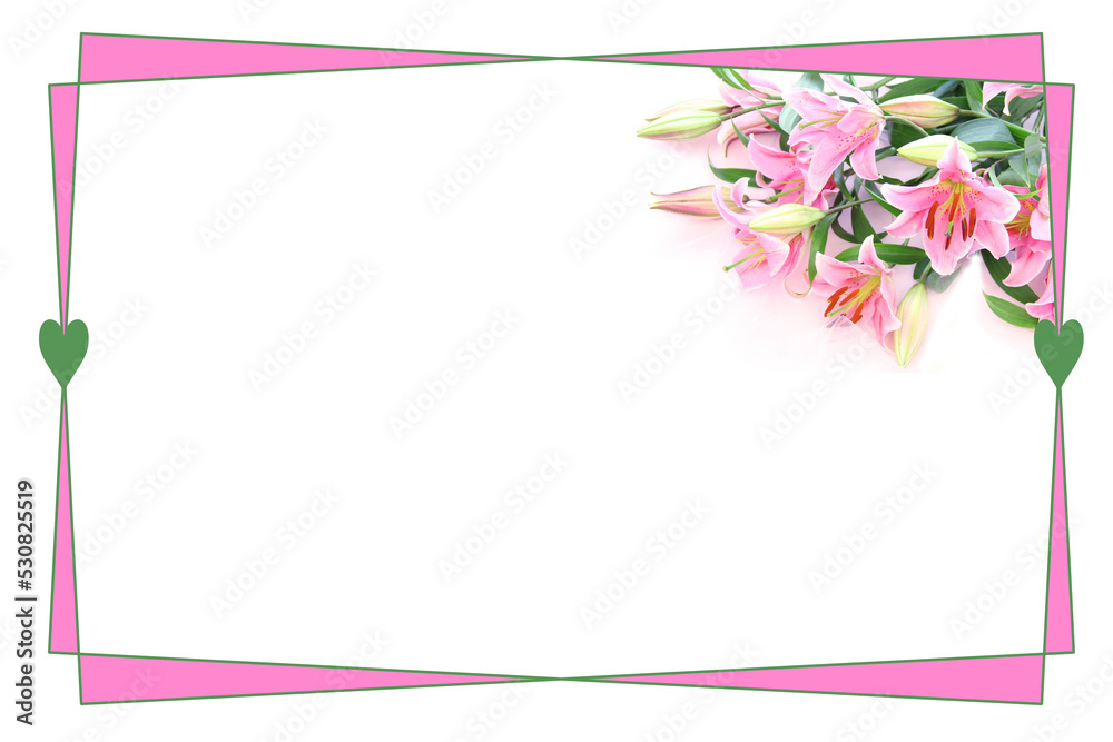 美しいピンクの百合の花束のハート・フレーム（ピンクの縁取り）