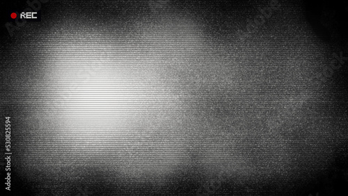 Retro CCTV or VHS video white noise background texture with red recording indicator. Vintage horizontal scanlines with vignette border. Grungy distressed horror film backdrop 8k 16:9 3D rendering. photo