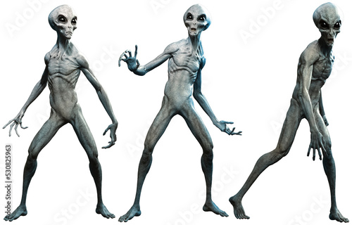Three Grey alien 3D illustrations	 photo
