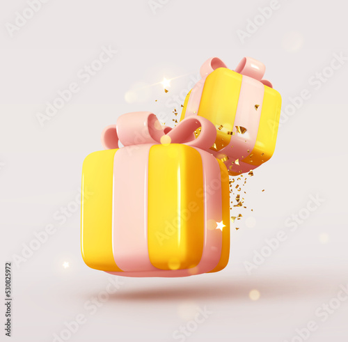 Two gifts for birthday, levitate with golden confetti. Yellow gifts box falling. New year and Christmas Festive decorative element. Realistic 3d design in cartoon plastic style. vector illustration