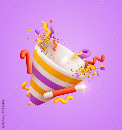 Party hat and birthday cap, gold confetti and candy magic stick. New Year's and Christmas decorative object. Realistic 3d design element. Icon isolated on purple background. vector illustration