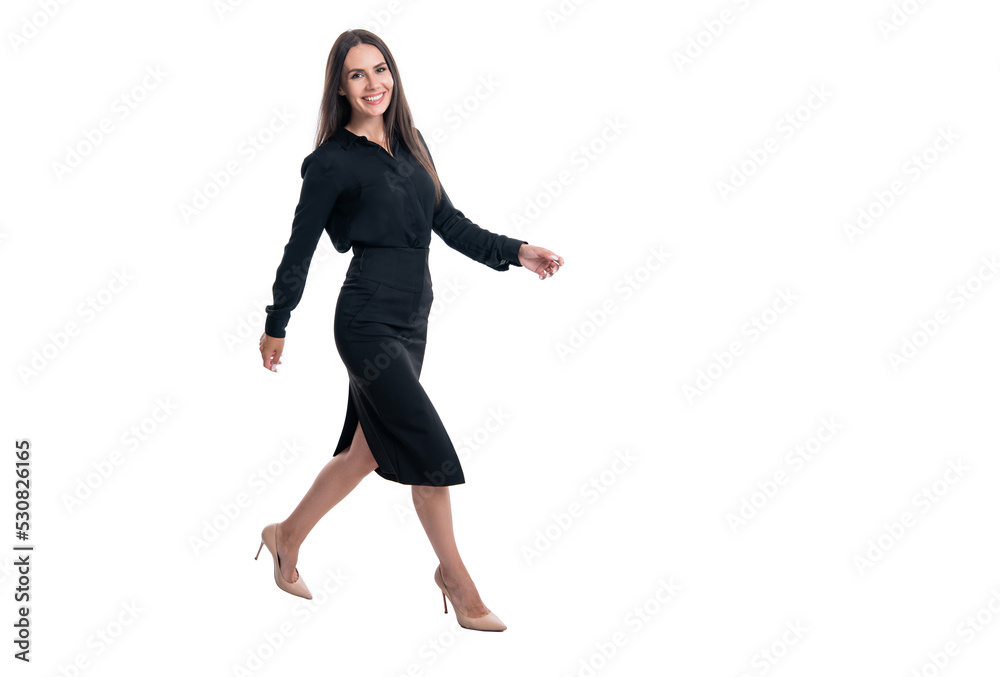 happy woman ceo walk isolated on white background. caucasian woman ceo in studio.