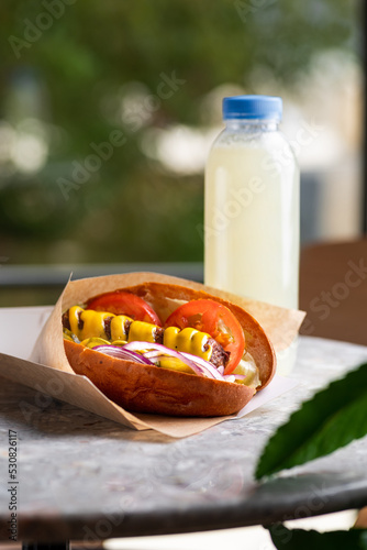 Принти на полотні Traditional hot dog with a smoked frankfurter on a fresh roll garnished with mustard and served with lettuce, tomato and onion on a gray stone background