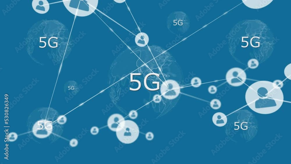 Animation of globe with 6g text over network of connections on blue background Animation of globe with 6g text over network of connections on blue background