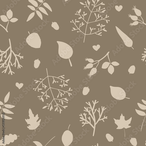 Vector seamless pattern with branches, acorns and leaves on beige background. For wallpapers, fall decoration, invitation card, fabric, textile, bed linen print, gift and wrapping paper, cover notepad