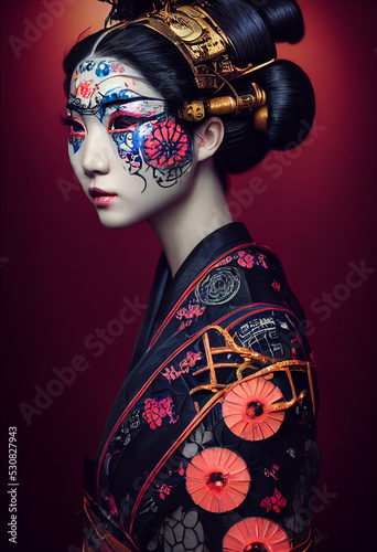 Murais de parede Portrait of a Futurist Japanese Geisha Geiko with Oriental Makeup and Amazing De