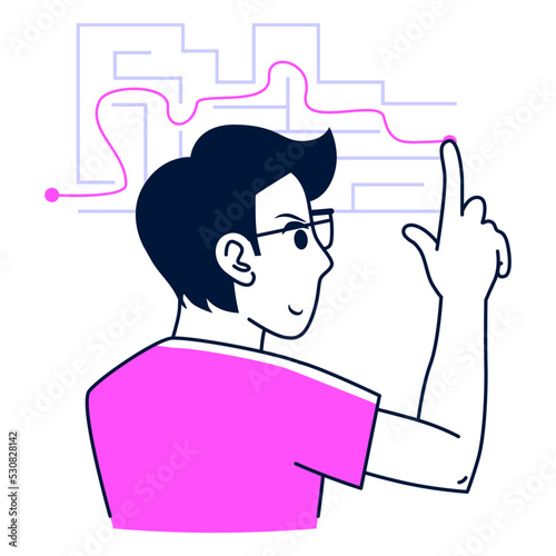 Flat vector illustration of man finding solutions concept. Business person solving problem with a complex way to success
