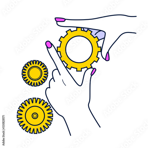 Flat vector illustration of female hands fixing golden gears. Analyst with cogwheels, configuration setup. Logic thinking concept
