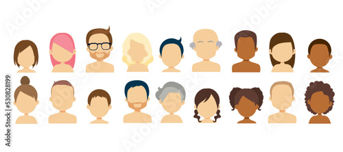 People avatar set blank faces. Different skin color, hair and age. Flat cartoon vector illustration for society concept