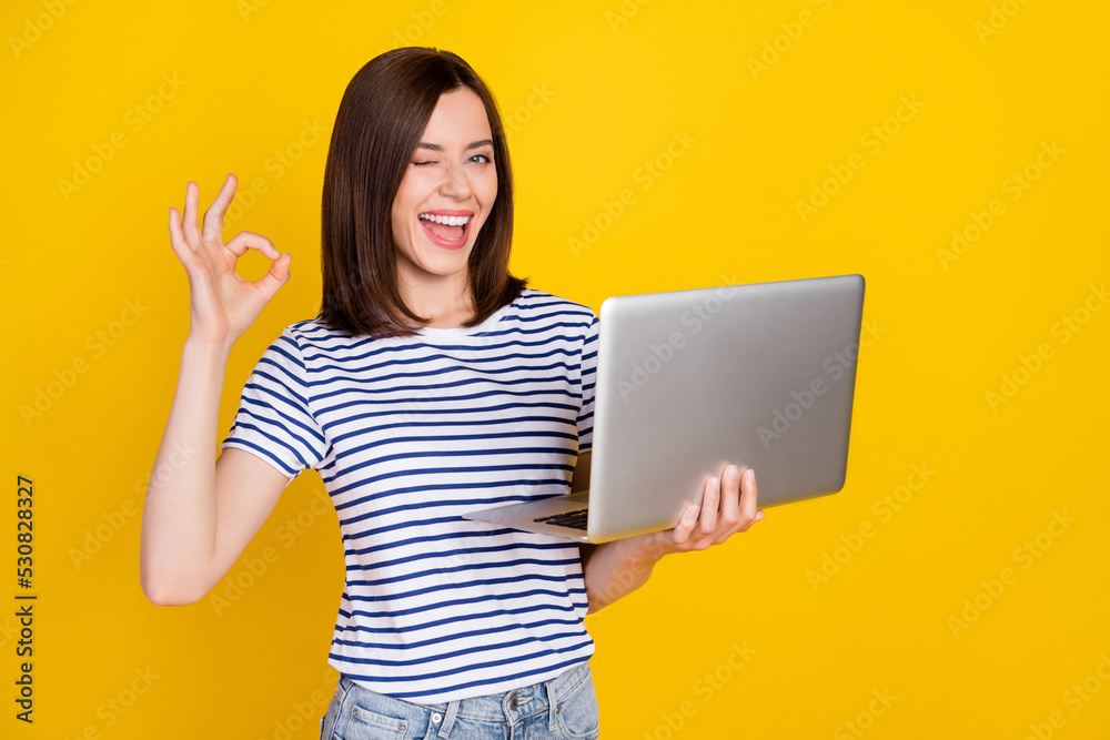 Photo portrait of cheerful young woman hold laptop winking show okey symbol dressed trendy striped look isolated on yellow color background Photo portrait of cheerful young woman hold laptop winking show okey symbol dressed trendy striped look isolated on yellow color background