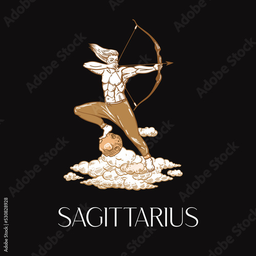 Sagittarius zodiac sign. The man shoots a bow. Astrology. Graphics. F