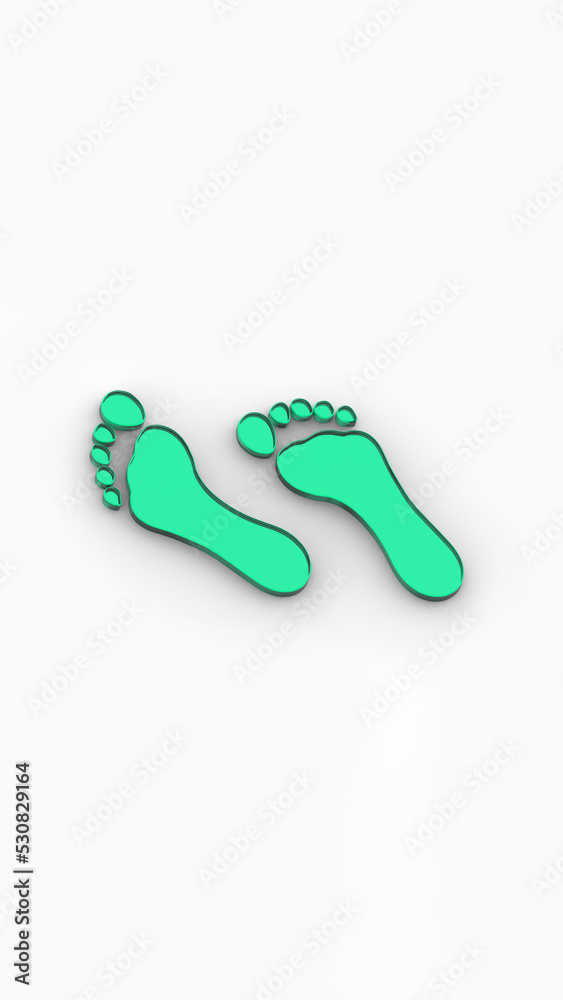 two green glass bare footprints. bare footprint close up. Vertical image. 3D image. 3D rendering. two green glass bare footprints. bare footprint close up. Vertical image. 3D image. 3D rendering.