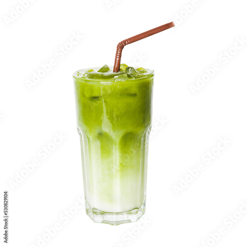 Iced of milk matcha green tea on glass isolated white background.