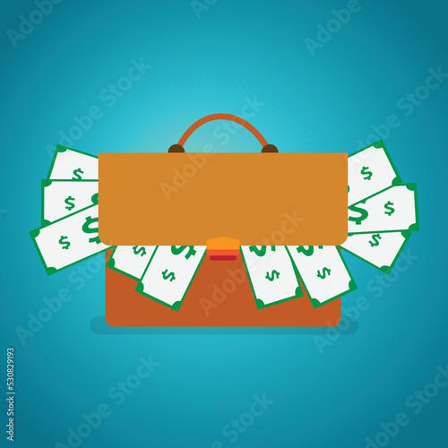 Briefcase with paper money having a dollar symbol on them