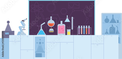 Chemical laboratory scene background. Scientific equipment interior