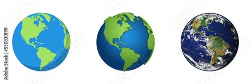 Earth Globe. Earth Globe in different designs. Flat, 3d and realistic designs. Earth Globe, planet. vector illustration