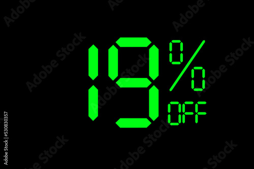 Vector illustration of green 19% discount special offer tag. Discount offer price tag for advertising campaign symbol in retail, sales promotion marketing, shopping day in green neon digital style.