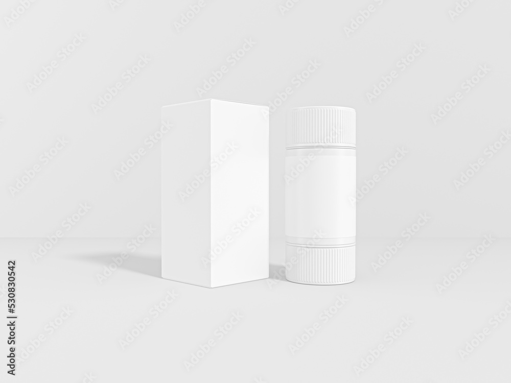 Medicine pill bottle and Box packaging mock-up. Plastic blank jar mockup. Healthcare product plastic packaging bottle. 3d rendered illustration Medicine pill bottle and Box packaging mock-up. Plastic blank jar mockup. Healthcare product plastic packaging bottle. 3d rendered illustration