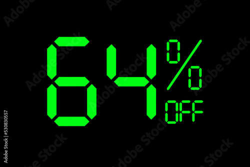 Vector illustration of green 64% discount special offer tag. Discount offer price tag for advertising campaign symbol in retail, sales promotion marketing, shopping day in green neon digital style.