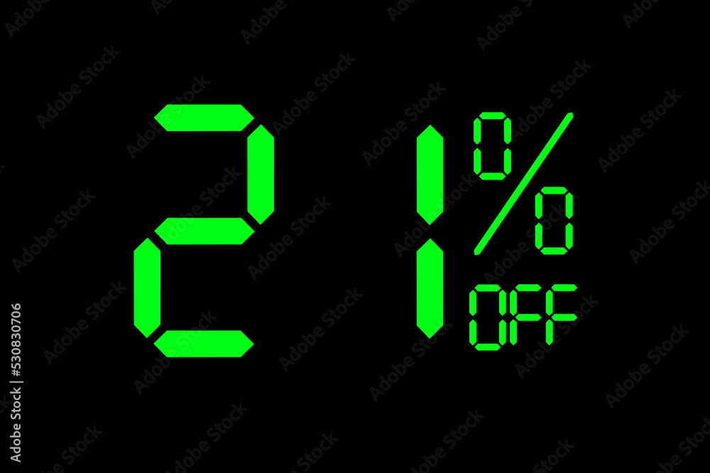Vector illustration of green 21% discount special offer tag. Discount offer price tag for advertising campaign symbol in retail, sales promotion marketing, shopping day in green neon digital style. Vector illustration of green 21% discount special offer tag. Discount offer price tag for advertising campaign symbol in retail, sales promotion marketing, shopping day in green neon digital style.