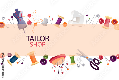 Design of a banner or a web page of a tailor's workshop, a tailoring studio, a fashion designer's studio.A set of tools for sewing and repairing clothes.