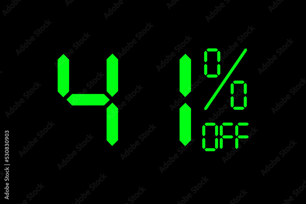 Vector illustration of green 41% discount special offer tag. Discount offer price tag for advertising campaign symbol in retail, sales promotion marketing, shopping day in green neon digital style. Vector illustration of green 41% discount special offer tag. Discount offer price tag for advertising campaign symbol in retail, sales promotion marketing, shopping day in green neon digital style.