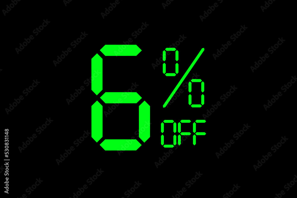 Vector illustration of green 6% discount special offer tag. Discount offer price tag for advertising campaign symbol in retail, sales promotion marketing, shopping day in green neon digital style. Vector illustration of green 6% discount special offer tag. Discount offer price tag for advertising campaign symbol in retail, sales promotion marketing, shopping day in green neon digital style.