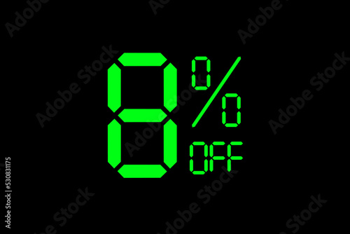 Vector illustration of green 8% discount special offer tag. Discount offer price tag for advertising campaign symbol in retail, sales promotion marketing, shopping day in green neon digital style.