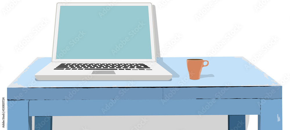 ブルーのデスクの上のノートパソコンとコーヒーカップ 背景なし イラスト ブルーのデスクの上のノートパソコンとコーヒーカップ 背景なし イラスト