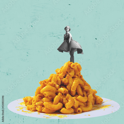 Contemporary art collage. Young stylish woman standing on the top of pasta with cheese. Italian food