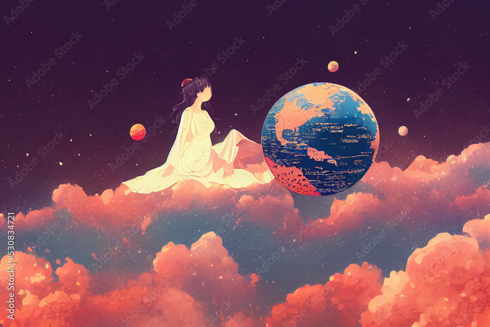 Digital illustration of a woman embracing the globe on the space background
