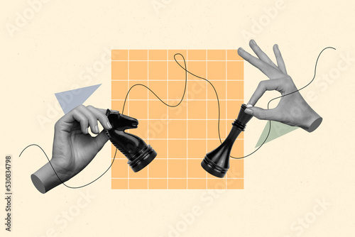 Stampa su tela Creative abstract template collage of hands holding chess figures opponents inte