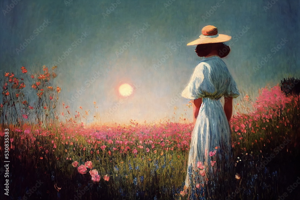   woman in blue dress on wild field with pink flowers ,sunset  cloudy sky impressionism painting art wallpaper by Claude Mone style - obrazy, fototapety, plakaty 