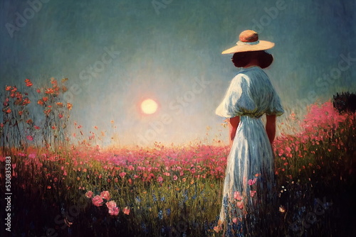   woman in blue dress on wild field with pink flowers ,sunset  cloudy sky impressionism painting art wallpaper by Claude Mone style photo