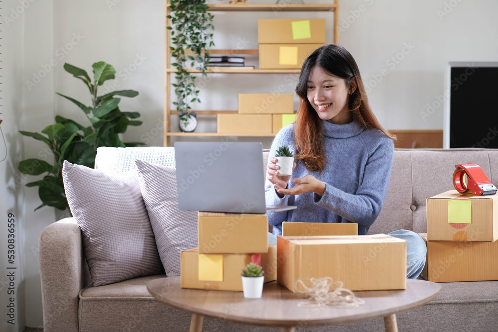 Starting Small business entrepreneur freelance, Portrait young woman working at home office, BOX, smartphone, laptop, online, marketing, packaging, delivery, b2b, SME, e-commerce concept Starting Small business entrepreneur freelance, Portrait young woman working at home office, BOX, smartphone, laptop, online, marketing, packaging, delivery, b2b, SME, e-commerce concept